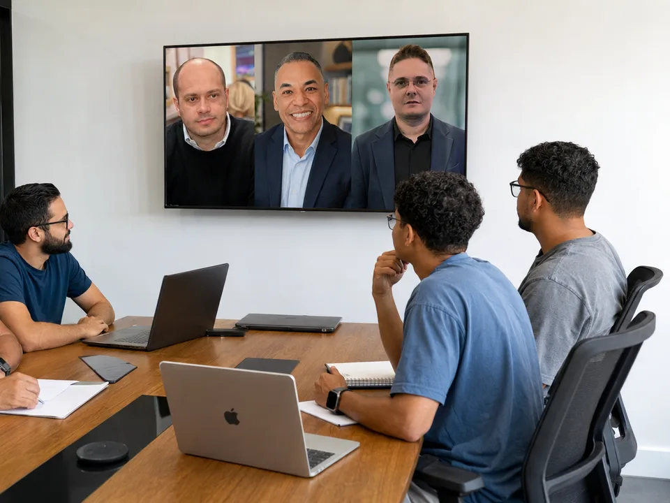 Time da Inova Tech em videochamada com a liderança da Aid Crusader, conectando Brasil e Estados Unidos.